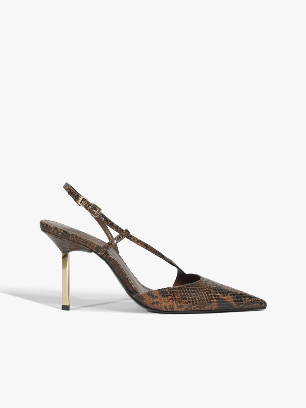 SCHUTZ Brown Snake-Print Pointed Slingback with Gold Heel